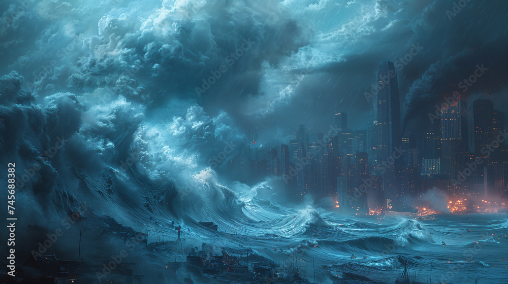 Digital artwork of a massive tsunami wave crashing into a modern cityscape under stormy skies. - obrazy, fototapety, plakaty 