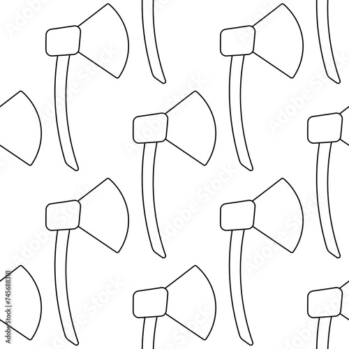 An ax is a metal tool with a wooden handle for use in the garden, at home, and outdoors. Sharp weapon. Chop wood and use it in construction. Hand drawn vector illustration. pattern, seamless, line.