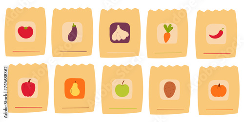 A set of seeds for growing vegetables and fruits in the garden: tomato, eggplant, garlic, carrot, pepper, apple, pear, pumpkin, potato. Eco-friendly production. Hand drawn vector illustration. Icon.