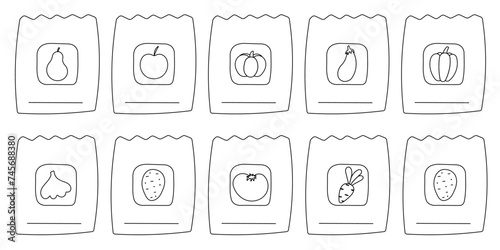 A set of seeds for growing vegetables and fruits in the garden: tomato, eggplant, garlic, carrot, pepper, apple, pear, pumpkin, potato. Eco-friendly production. Hand drawn vector illustration. Line.