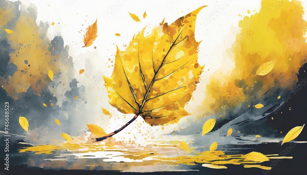 Generated image falling yellow leaf - obrazy, fototapety, plakaty 