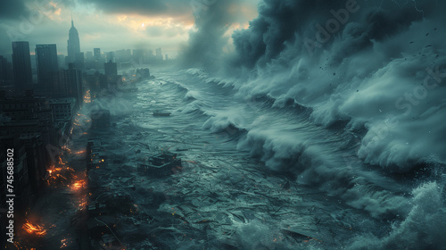 Digital artwork of a massive tsunami wave crashing into a modern cityscape under stormy skies.