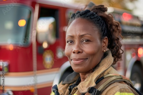 African American female firefighter in uniform at work stands near a fire truck waiting for a call