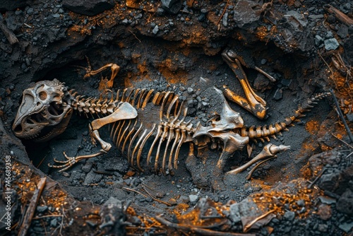 A dinosaur skeleton lies exposed within an excavation site  showcasing its fossilized bones against the earthen backdrop.