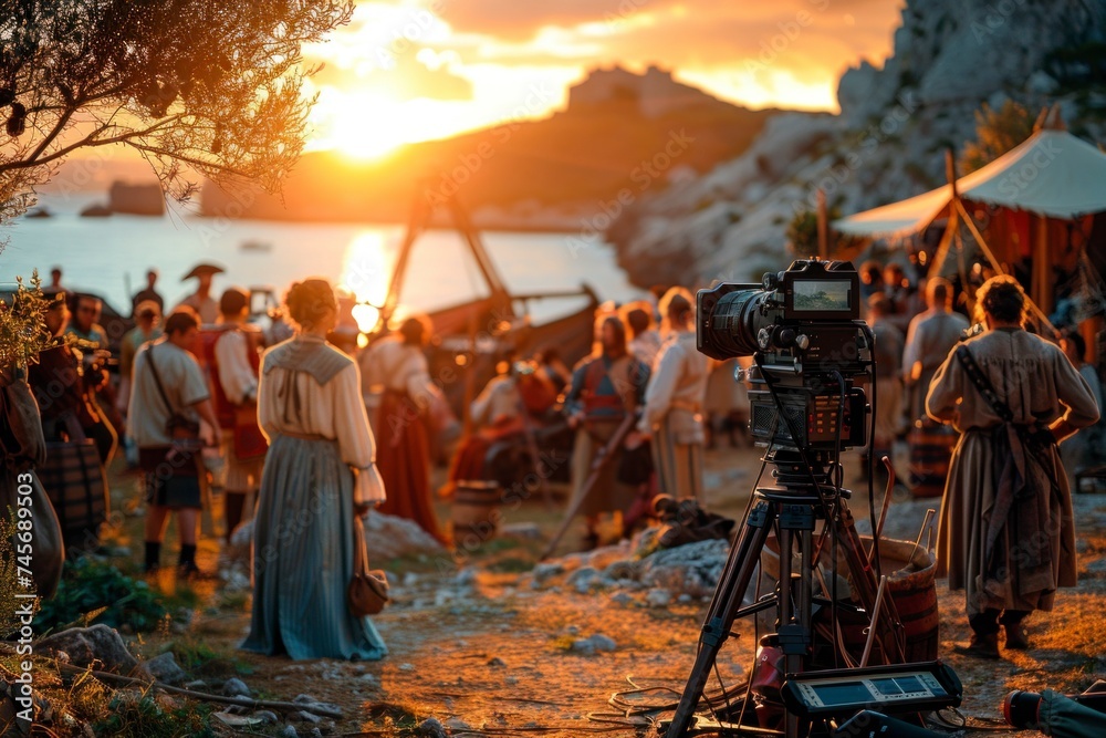 A film crew captures a movie scene in a vintage setting at sunset, with actors dressed in period costumes gathered in a rural landscape. - obrazy, fototapety, plakaty 