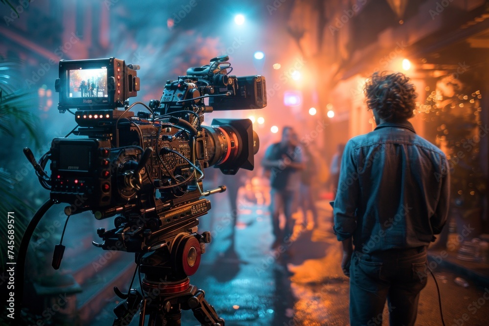 A cinematographer operates a camera on a tripod, capturing a scene outside a house bathed in atmospheric blue light and fog at dusk. - obrazy, fototapety, plakaty 