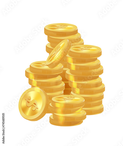 Realistic golden coins pile. Stacks of gold money, cash or treasure. Bank and finance. Investment, profit or gain. Copy space. Vector