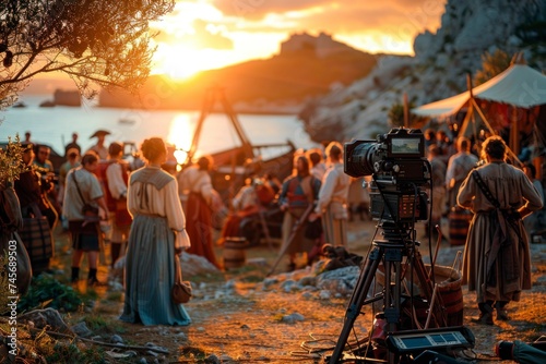A film crew captures a movie scene in a vintage setting at sunset, with actors dressed in period costumes gathered in a rural landscape.
