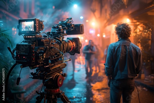 A cinematographer operates a camera on a tripod, capturing a scene outside a house bathed in atmospheric blue light and fog at dusk. photo