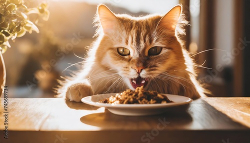 Generated image of guilty cat eating food on the table 