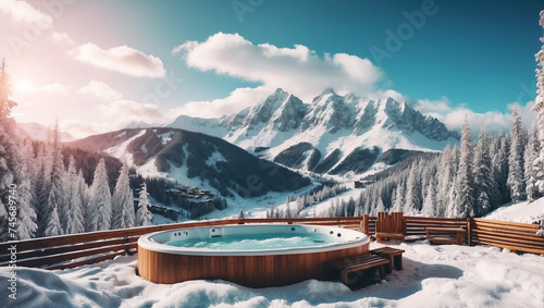 ski resort in the mountains a hot tub