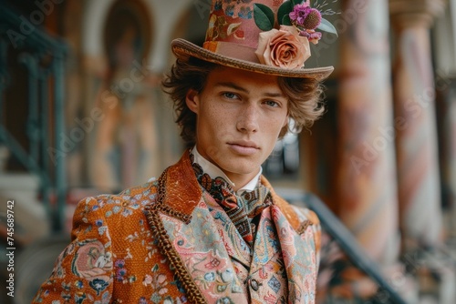 A young gentleman dressed in an ornate Victorian costume, featuring a hat adorned with flowers, poses in a historical setting.