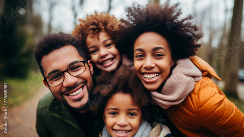 Multiracial Family Selfie in Autumn Park