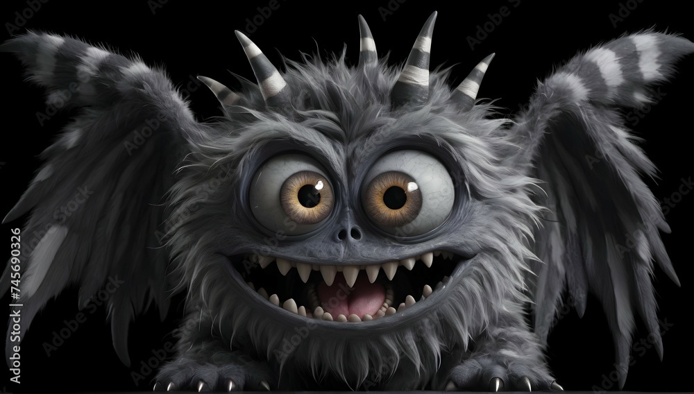 Against a pitch-black background, a medium close-up of a mischievous grey monster with an array of eyes, each one reflecting a different emotion. Its striped fur and intricate wings make it a unique.