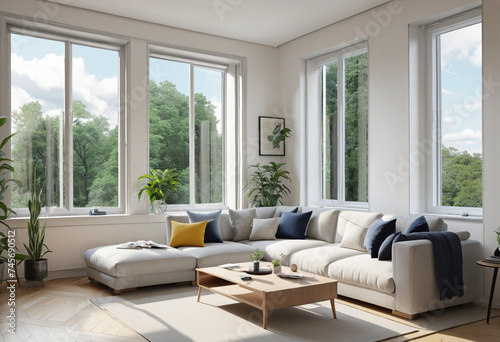 Illustration of modern nordic living room with big window © Fukurou