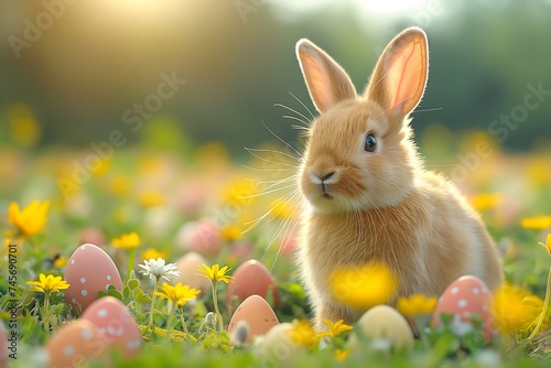 Osterhase im Sonnenschein auf Wiese mit Ostereiern, Hase mit bunten Eiern, Konzept Ostern