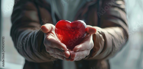 person holding red heart, hands giving a red heart, health care, organ donation concept illustration