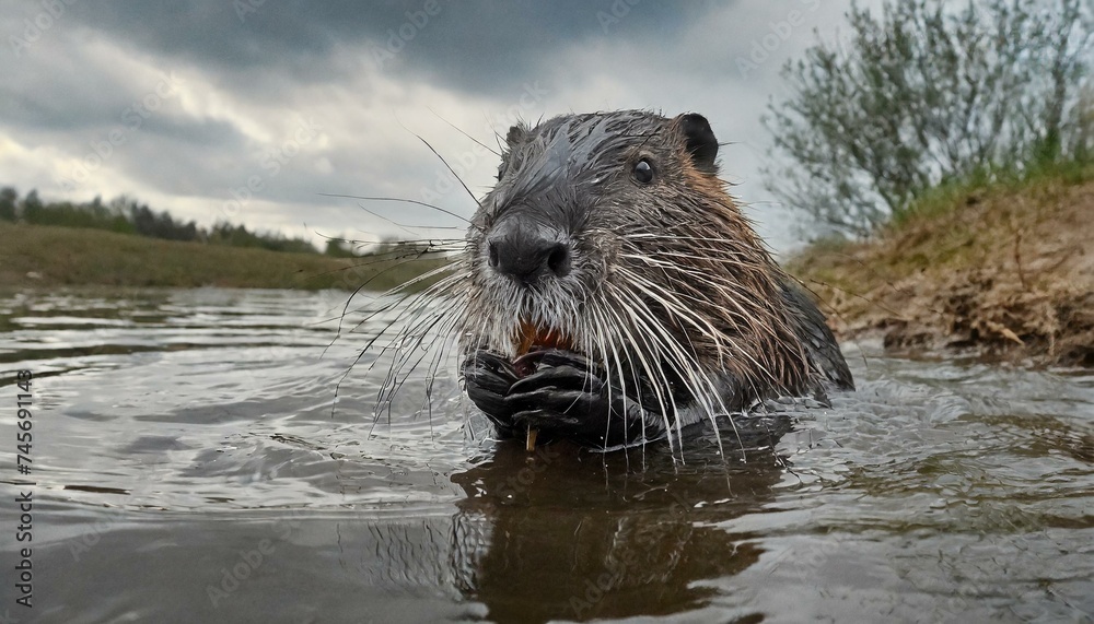 A cute beaver soaking in forest river, nature, large rodent A cute beaver soaking in forest river, nature, large rodent