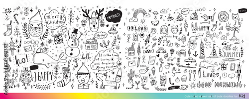 Collection of hand drawn cute doodles,Doodle children drawing,Sketch set of drawings in child style,Funny Doodle Hand Drawn,Page for coloring, cute animal © Aekkaphum
