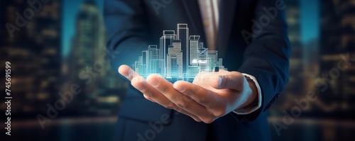 Businessman holding building of real estate icons. Engineering and construction. Investment and business development, Generative AI