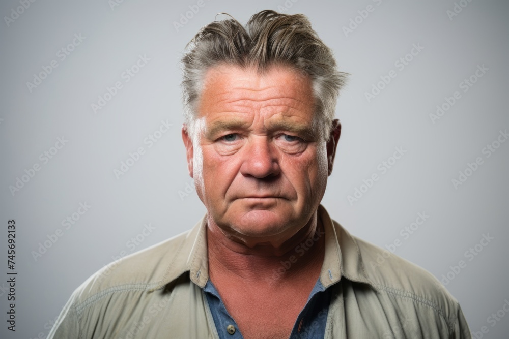 Portrait of mature man with angry facial expression on grey background.