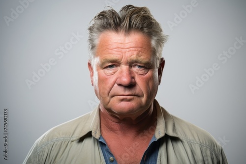 Portrait of mature man with angry facial expression on grey background.