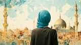 Torn paper collage of a Muslim girl from behind against the background of a mosque. Month of Ramadan, Kurban Bayram, Islam, Eid al-Adha, Muslim.