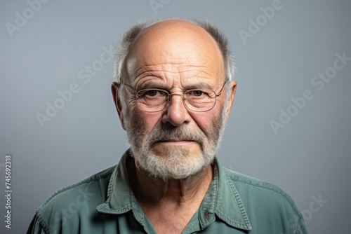 Portrait of a senior man with grey beard and glasses on grey background