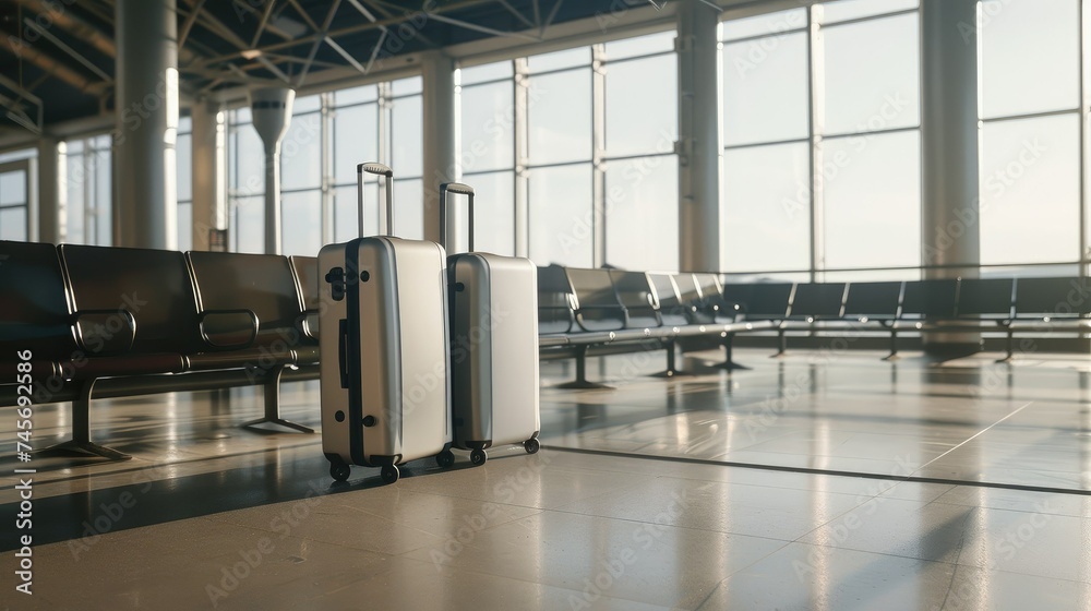 Two silver suitcases sit in an empty airport terminal. The light from the windows shines on the shiny suitcases. Two silver suitcases sit in an empty airport terminal. The light from the windows shines on the shiny suitcases.