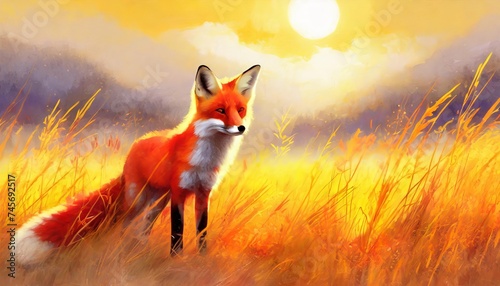 Generated image of red fox in yellow grass early morning at sunrise © Alena Shelkovnikova