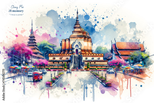 Chiang Mai's Temple Grandeur Thailand - A Watercolor Vista old Architecture 