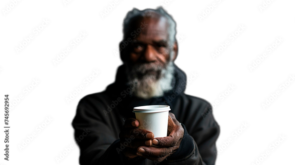 Premium mockup. Blurred black man holds out a white cup, a coffee cup. A person without a specific place of residence. Emigrant. PNG format. Premium mockup. Blurred black man holds out a white cup, a coffee cup. A person without a specific place of residence. Emigrant. PNG format.