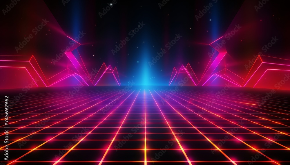 Synthwave wireframe net in retro futuristic 80s background - 4k video loop with neon lights glow - obrazy, fototapety, plakaty 