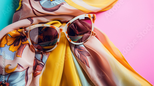 camel sunglasses and scarf in studio with a colorful and bright background. Generative Ai