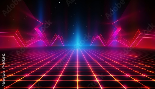 Synthwave wireframe net in retro futuristic 80s background - 4k video loop with neon lights glow photo