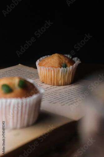 Tasty cupcake kept on a book with a birthday candle on a dark background