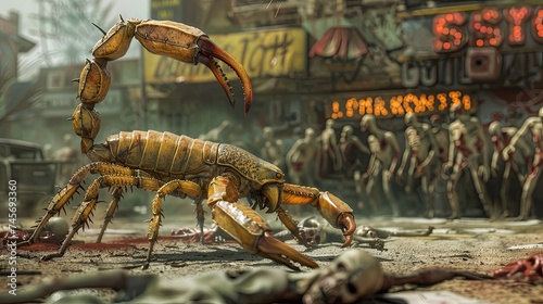 Create a 3D animated scene showcasing a fearsome scorpion facing off against zombies, set against a dynamic and unique post-apocalyptic backdrop © Tee