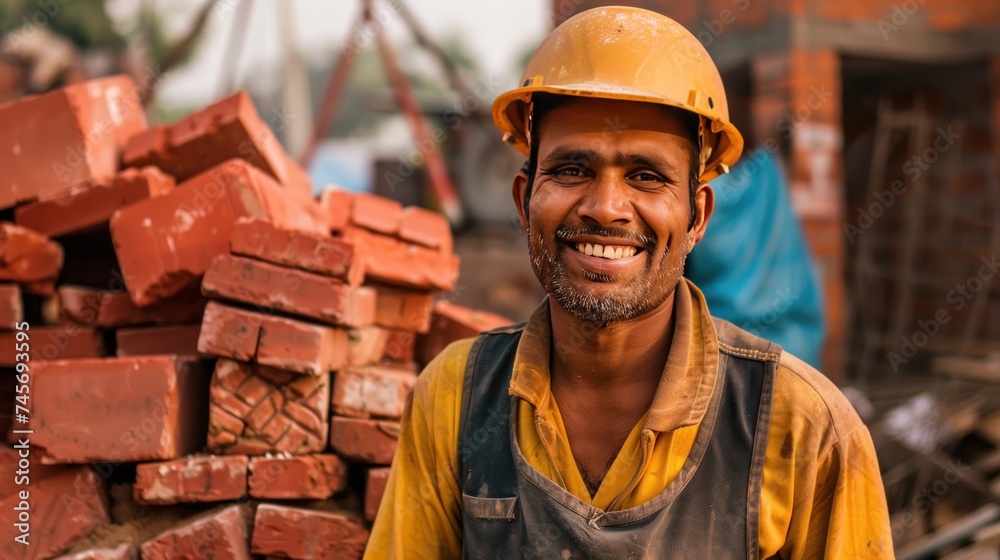 Construction worker standing smiling and looking at camera behind pile of red bricks Construction worker standing smiling and looking at camera behind pile of red bricks