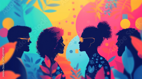 youthful diversity  with vibrant colors and unique shapes that convey a lively and inclusive atmosphere. The image celebrates individuality and connectedness among a group of young people