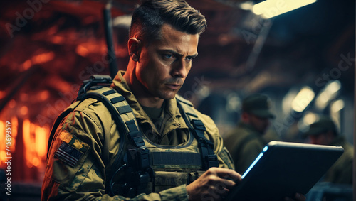 Soldier in uniform analyze data on a tablet