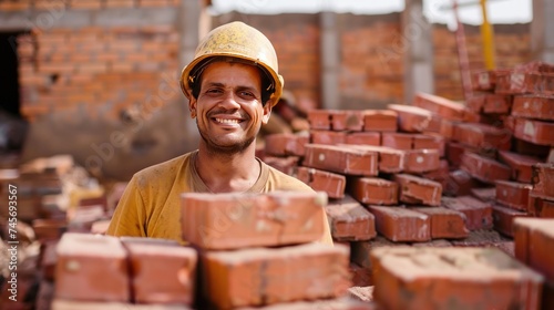 Construction worker standing smiling and looking at camera behind pile of red bricks © somchai20162516