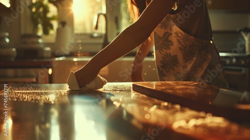 A woman uses a cloth to scrub the kitchen table.