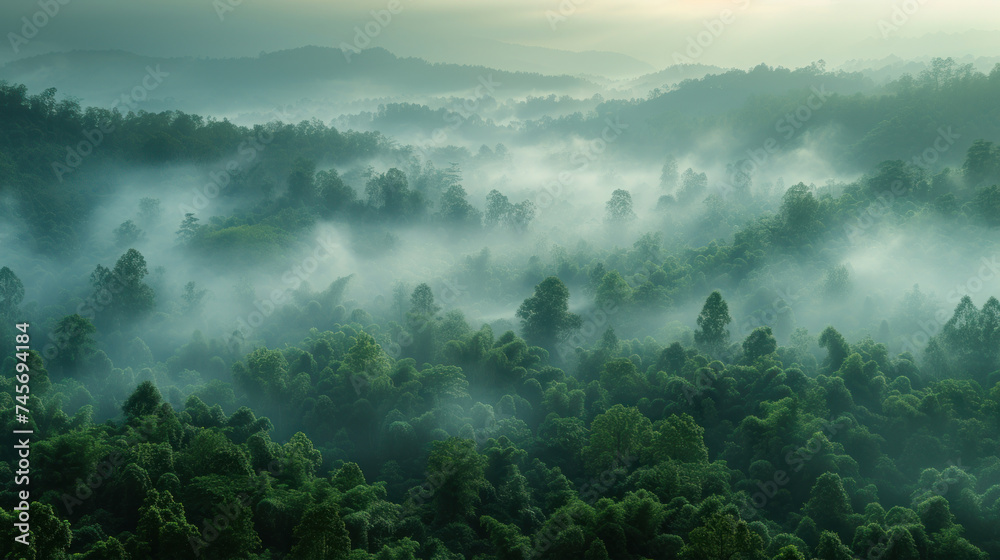 a lush forest blanketed in mist, with the distant urban skyline emerging through the fog, showcasing the contrast between nature and civilization