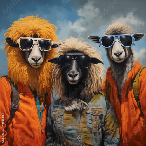 Coole Tiergang, Fashion Outfit, Menschlicher Körper mit Tierkopf, Coole Schafe © GreenOptix