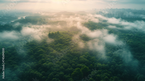 a lush forest blanketed in mist, with the distant urban skyline emerging through the fog, showcasing the contrast between nature and civilization