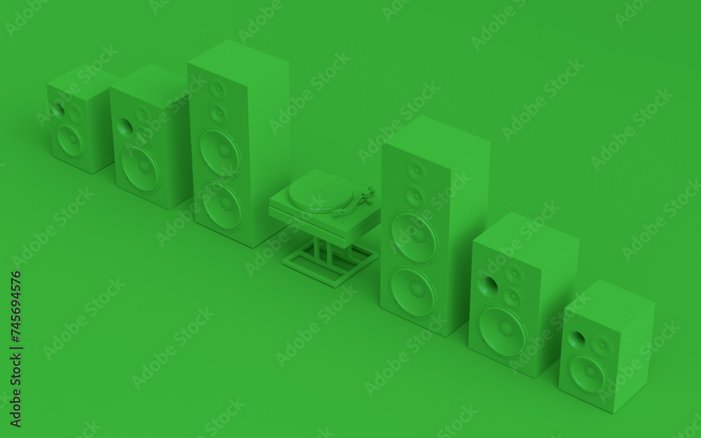 Set of Hi-fi speakers and DJ turntable for sound recording studio on monochrome Set of Hi-fi speakers and DJ turntable for sound recording studio on monochrome