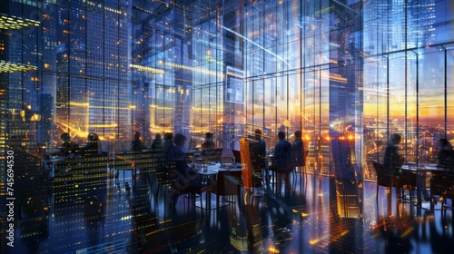 Surreal Double Exposure of Urban Sunset and Busy Office Business Life