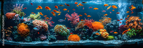 An exquisite aqua scape featuring a lush underwater garden with vibrant aquatic plants, Aquarium colorful underwater world plants banner,  © Xaphar