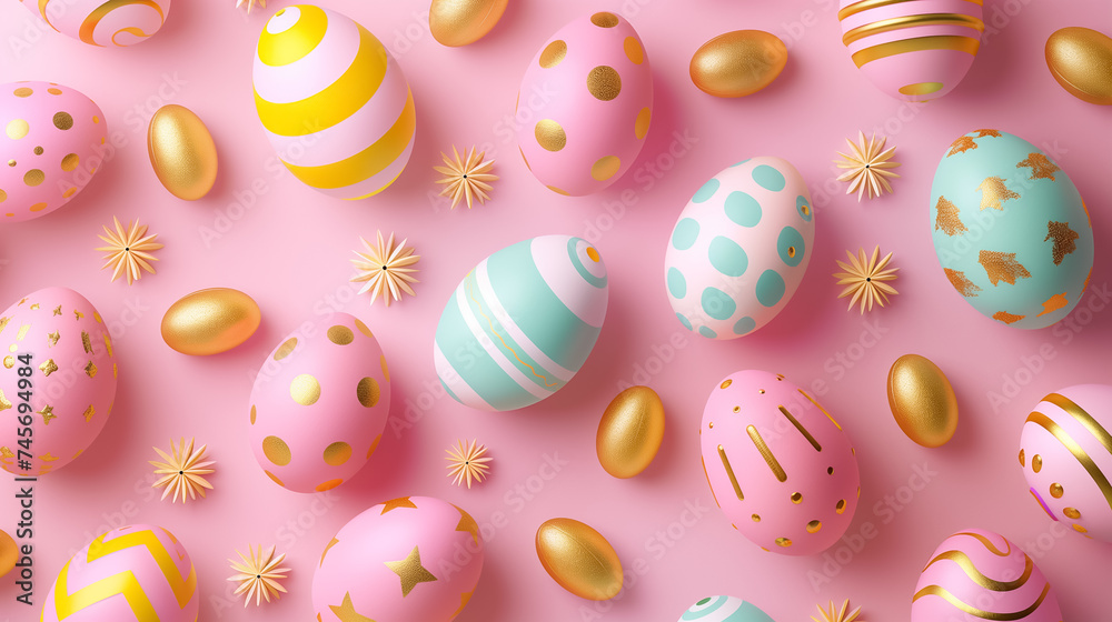 Easter card with pastel colors Easter eggs with gold decor on pink background. idea for easter decor Easter card with pastel colors Easter eggs with gold decor on pink background. idea for easter decor