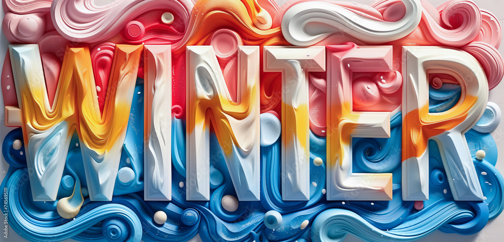 Abstract style winter banner design with typography and colorful fluid shapes.